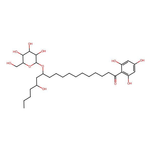 2D Structure of (12S,14S)-14-hydroxy-12-[(2S,3S,4S,5S,6R)-3,4,5-trihydroxy-6-(hydroxymethyl)oxan-2-yl]oxy-1-(2,4,6-trihydroxyphenyl)octadecan-1-one