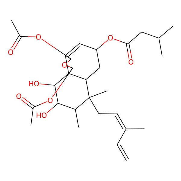 2D Structure of [1,3-Diacetyloxy-9,10-dihydroxy-7,8-dimethyl-7-(3-methylpenta-2,4-dienyl)-1,3,5,6,6a,8,9,10-octahydrobenzo[d][2]benzofuran-5-yl] 3-methylbutanoate
