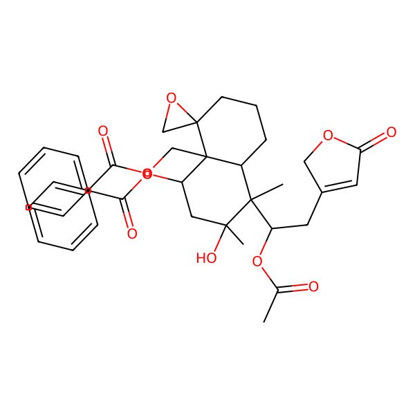 2D Structure of [8-[1-acetyloxy-2-(5-oxo-2H-furan-3-yl)ethyl]-5-benzoyloxy-7-hydroxy-7,8-dimethylspiro[1,2,3,5,6,8a-hexahydronaphthalene-4,2'-oxirane]-4a-yl]methyl benzoate