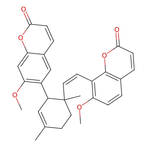 2D Structure of 7-methoxy-8-[(E)-2-[(1R,2S)-2-(7-methoxy-2-oxochromen-6-yl)-1,4-dimethylcyclohex-3-en-1-yl]ethenyl]chromen-2-one