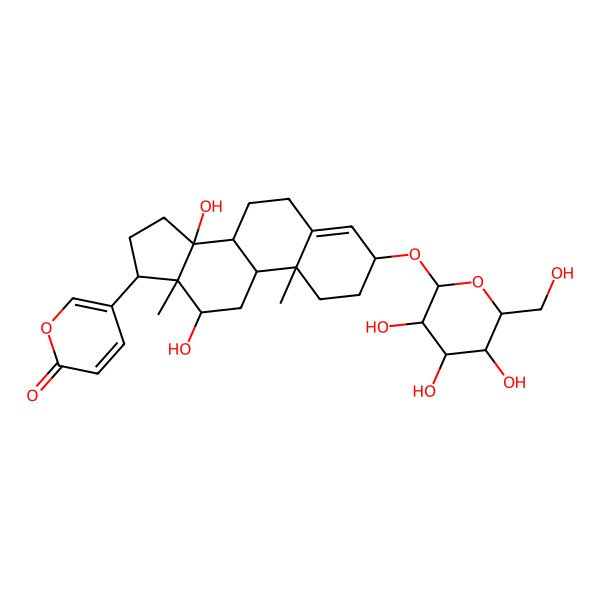 2D Structure of 5-[(3S,8R,9S,10R,12S,13S,14S,17R)-12,14-dihydroxy-10,13-dimethyl-3-[(2R,3R,4S,5S,6R)-3,4,5-trihydroxy-6-(hydroxymethyl)oxan-2-yl]oxy-1,2,3,6,7,8,9,11,12,15,16,17-dodecahydrocyclopenta[a]phenanthren-17-yl]pyran-2-one