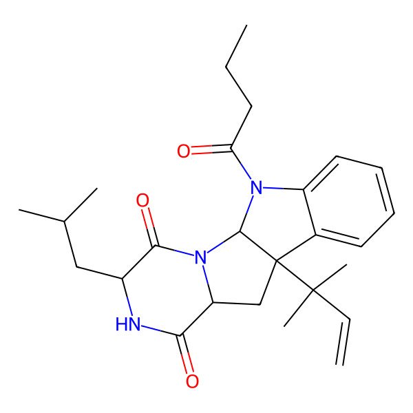 2D Structure of 16-Butanoyl-9-(2-methylbut-3-en-2-yl)-4-(2-methylpropyl)-2,5,16-triazatetracyclo[7.7.0.02,7.010,15]hexadeca-10,12,14-triene-3,6-dione