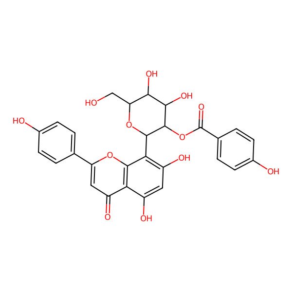 2D Structure of [(2S,3R,4S,5S,6R)-2-[5,7-dihydroxy-2-(4-hydroxyphenyl)-4-oxochromen-8-yl]-4,5-dihydroxy-6-(hydroxymethyl)oxan-3-yl] 4-hydroxybenzoate