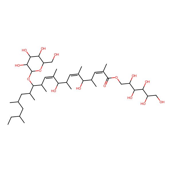2D Structure of [(2R,3R,4R,5R)-2,3,4,5,6-Pentahydroxyhexyl] (2E,4S,5S,6E,8S,9S,10E,12S,13R,14S,16S,18S)-5,9-dihydroxy-2,4,6,8,10,12,14,16,18-nonamethyl-13-[(2R,3S,4S,5S,6R)-3,4,5-trihydroxy-6-(hydroxymethyl)oxan-2-yl]oxyicosa-2,6,10-trienoate