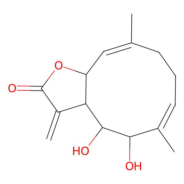 2D Structure of (3aS,4R,5R,6E,10E,11aR)-4,5-dihydroxy-6,10-dimethyl-3-methylidene-3a,4,5,8,9,11a-hexahydrocyclodeca[b]furan-2-one