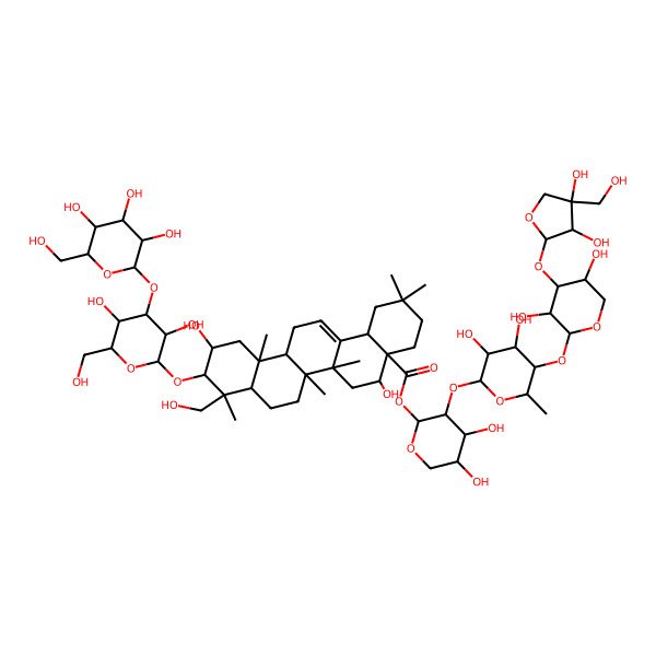 2D Structure of Olean-12-en-28-oic acid, 3-[(3-O-beta-D-glucopyranosyl-beta-D-glucopyranosyl)oxy]-2,16,23-trihydroxy-, O-D-apio-beta-D-furanosyl-(1-->3)-O-beta-D-xylopyranosyl-(1-->4)-O-6-deoxy-alpha-L-mannopyranosyl-(1-->2)-alpha-L-arabinopyranosyl ester, (2beta,3beta,4beta,16alpha)-