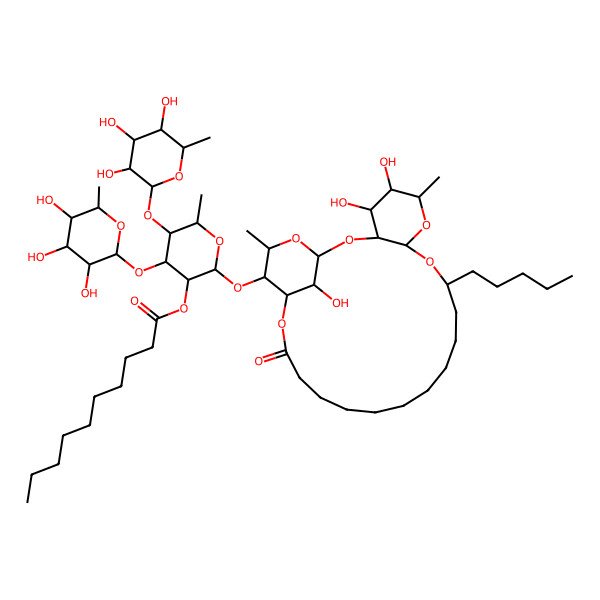 2D Structure of [(2S,3R,4R,5S,6S)-6-methyl-2-[[(1S,3R,4S,5R,6R,8R,10S,22S,23S,24S,26R)-4,5,26-trihydroxy-6,24-dimethyl-20-oxo-10-pentyl-2,7,9,21,25-pentaoxatricyclo[20.3.1.03,8]hexacosan-23-yl]oxy]-4,5-bis[[(2S,3R,4R,5R,6S)-3,4,5-trihydroxy-6-methyloxan-2-yl]oxy]oxan-3-yl] decanoate