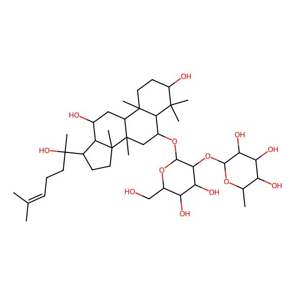 2D Structure of (2S,3R,4R,5R,6S)-2-[(2R,3S,4S,5S,6R)-2-[[(3S,5R,6S,8R,9R,10R,12R,13R,14R,17S)-3,12-dihydroxy-17-[(2R)-2-hydroxy-6-methylhept-5-en-2-yl]-4,4,8,10,14-pentamethyl-2,3,5,6,7,9,11,12,13,15,16,17-dodecahydro-1H-cyclopenta[a]phenanthren-6-yl]oxy]-4,5-dihydroxy-6-(hydroxymethyl)oxan-3-yl]oxy-6-methyloxane-3,4,5-triol