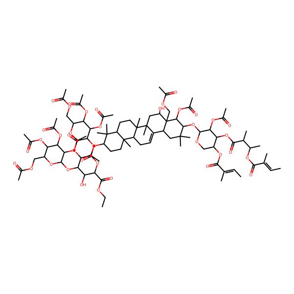 2D Structure of ethyl (2S,3S,4S,5R,6R)-6-[[(3S,4aR,6aR,6bS,8R,8aR,9R,10R,12aS,14aR,14bR)-9-acetyloxy-8a-(acetyloxymethyl)-10-[(2S,3R,4S,5S)-3-acetyloxy-5-[(E)-2-methylbut-2-enoyl]oxy-4-[2-methyl-3-[(E)-2-methylbut-2-enoyl]oxybutanoyl]oxyoxan-2-yl]oxy-8-hydroxy-4,4,6a,6b,11,11,14b-heptamethyl-1,2,3,4a,5,6,7,8,9,10,12,12a,14,14a-tetradecahydropicen-3-yl]oxy]-3-hydroxy-4,5-bis[[(2S,3R,4S,5S,6R)-3,4,5-triacetyloxy-6-(acetyloxymethyl)oxan-2-yl]oxy]oxane-2-carboxylate