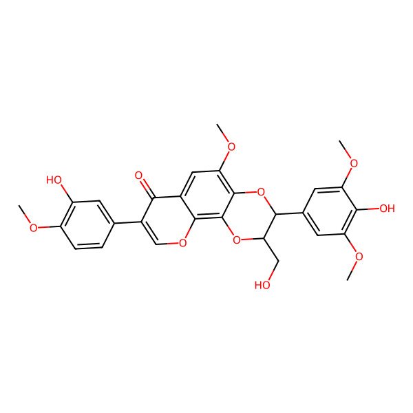 2D Structure of 3-(4-Hydroxy-3,5-dimethoxyphenyl)-8-(3-hydroxy-4-methoxyphenyl)-2-(hydroxymethyl)-5-methoxy-2,3-dihydropyrano[3,2-h][1,4]benzodioxin-7-one