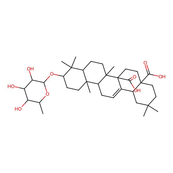 2D Structure of (4aS,6aR,6aR,6bR,8aS,10S,12aR,14bS)-2,2,6b,9,9,12a-hexamethyl-10-[(2R,3R,4S,5S,6R)-3,4,5-trihydroxy-6-methyloxan-2-yl]oxy-1,3,4,5,6,6a,7,8,8a,10,11,12,13,14b-tetradecahydropicene-4a,6a-dicarboxylic acid