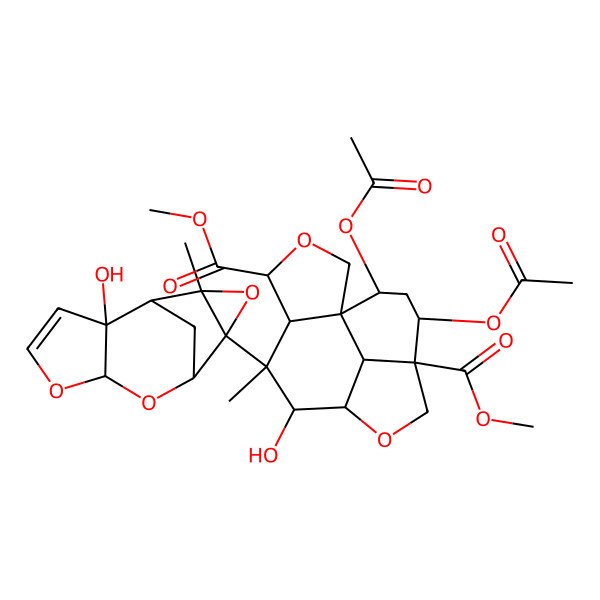 2D Structure of dimethyl (1R,4S,5R,6S,7S,8R,11S,12R,14S,15S)-12,14-diacetyloxy-7-hydroxy-6-[(1S,2R,6S,8S,9R,11S)-2-hydroxy-11-methyl-5,7,10-trioxatetracyclo[6.3.1.02,6.09,11]dodec-3-en-9-yl]-6-methyl-3,9-dioxatetracyclo[6.6.1.01,5.011,15]pentadecane-4,11-dicarboxylate