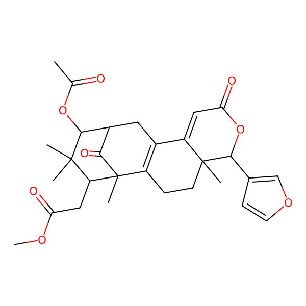 2D Structure of methyl 2-[(1S,5R,6R,13S,14R,16S)-14-acetyloxy-6-(furan-3-yl)-1,5,15,15-tetramethyl-8,17-dioxo-7-oxatetracyclo[11.3.1.02,11.05,10]heptadeca-2(11),9-dien-16-yl]acetate