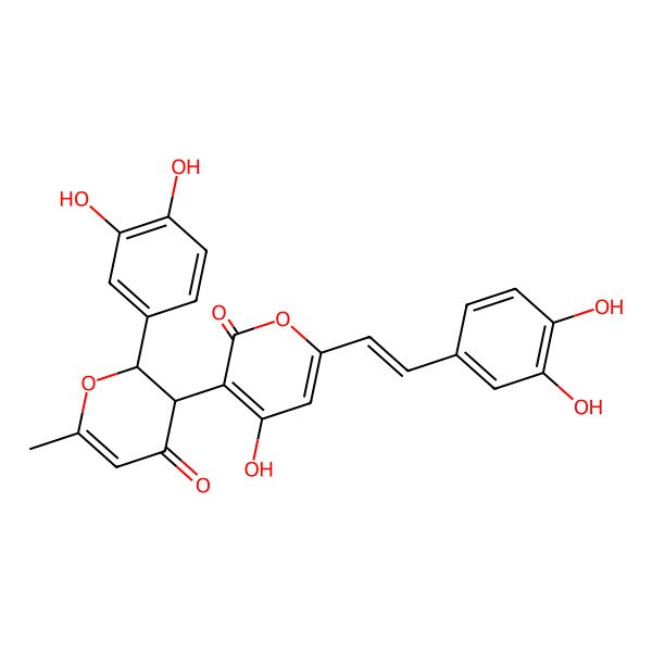 2D Structure of 6-[2-(3,4-Dihydroxyphenyl)ethenyl]-3-[2-(3,4-dihydroxyphenyl)-6-methyl-4-oxo-2,3-dihydropyran-3-yl]-4-hydroxypyran-2-one