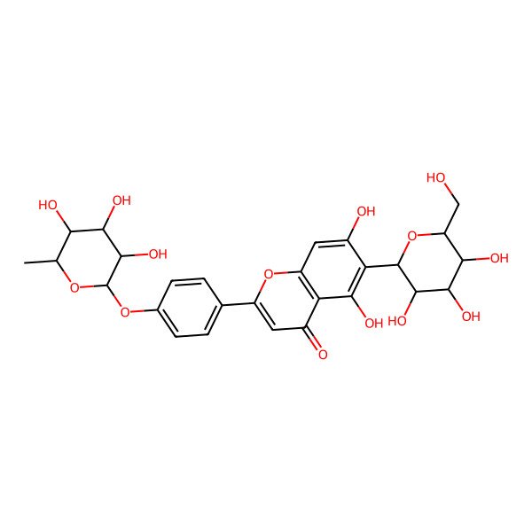 2D Structure of 5,7-dihydroxy-6-[(2S,3R,4R,5S,6R)-3,4,5-trihydroxy-6-(hydroxymethyl)oxan-2-yl]-2-[4-[(2S,3R,4R,5R,6S)-3,4,5-trihydroxy-6-methyloxan-2-yl]oxyphenyl]chromen-4-one