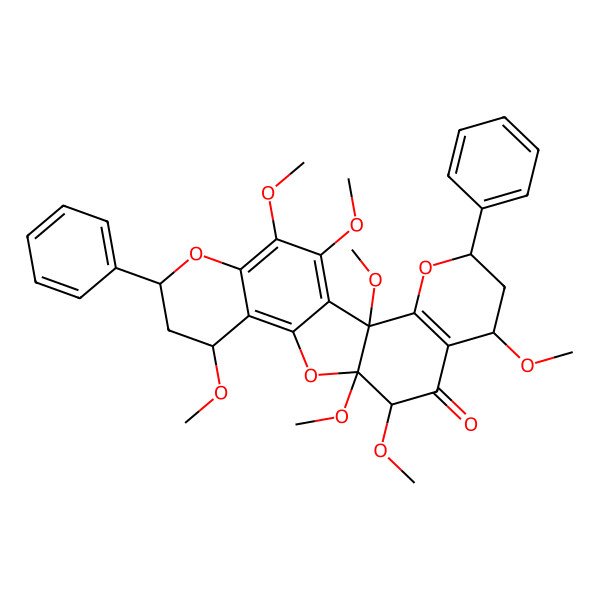 2D Structure of (2R,5S,7R,10R,11R,15R,17S)-2,7,10,11,15,20,21-heptamethoxy-5,17-diphenyl-4,12,18-trioxapentacyclo[11.8.0.02,11.03,8.014,19]henicosa-1(21),3(8),13,19-tetraen-9-one