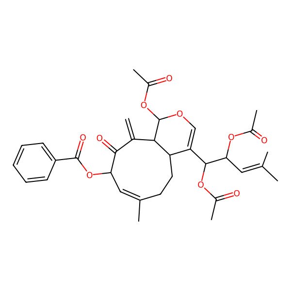 2D Structure of [(1S,4aS,7E,9R,11aR)-1-acetyloxy-4-[(1S,2R)-1,2-diacetyloxy-4-methylpent-3-enyl]-7-methyl-11-methylidene-10-oxo-1,4a,5,6,9,11a-hexahydrocyclonona[c]pyran-9-yl] benzoate