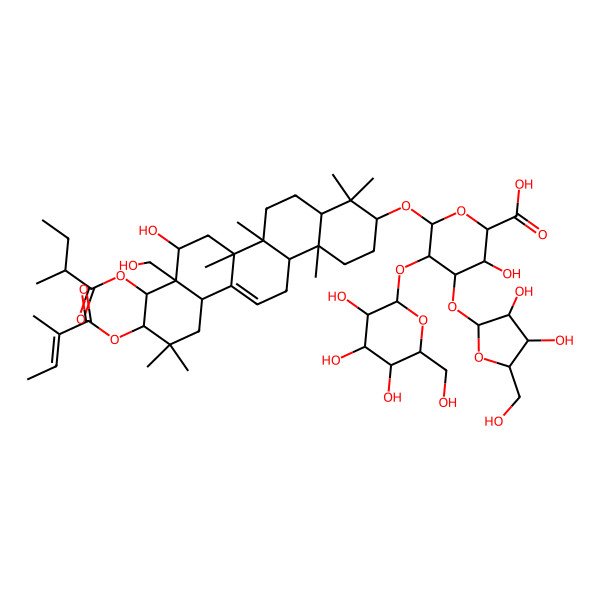 2D Structure of (2S,3S,4S,5R,6R)-6-[[(3S,4aR,6aR,6bS,8R,8aR,9R,10R,12aS,14aR,14bR)-8-hydroxy-8a-(hydroxymethyl)-4,4,6a,6b,11,11,14b-heptamethyl-9-[(2S)-2-methylbutanoyl]oxy-10-[(Z)-2-methylbut-2-enoyl]oxy-1,2,3,4a,5,6,7,8,9,10,12,12a,14,14a-tetradecahydropicen-3-yl]oxy]-4-[(2S,3R,4R,5S)-3,4-dihydroxy-5-(hydroxymethyl)oxolan-2-yl]oxy-3-hydroxy-5-[(2S,3R,4S,5R,6R)-3,4,5-trihydroxy-6-(hydroxymethyl)oxan-2-yl]oxyoxane-2-carboxylic acid
