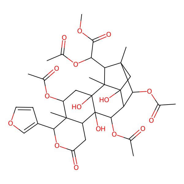2D Structure of Methyl 2-acetyloxy-2-[4,12,14-triacetyloxy-6-(furan-3-yl)-2,11,17-trihydroxy-1,5,15-trimethyl-8-oxo-7-oxapentacyclo[13.2.1.02,11.05,10.013,17]octadecan-18-yl]acetate