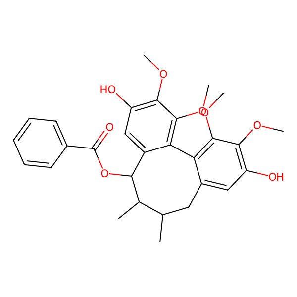 2D Structure of (5,14-Dihydroxy-3,4,15,16-tetramethoxy-9,10-dimethyl-8-tricyclo[10.4.0.02,7]hexadeca-1(16),2,4,6,12,14-hexaenyl) benzoate