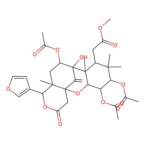 2D Structure of methyl 2-[(1R,3R,4R,5S,7S,8R,9S,10R,12S,13S)-4,5,10-triacetyloxy-13-(furan-3-yl)-9-hydroxy-6,6,8,12-tetramethyl-17-methylidene-15-oxo-2,14-dioxatetracyclo[7.7.1.01,12.03,8]heptadecan-7-yl]acetate