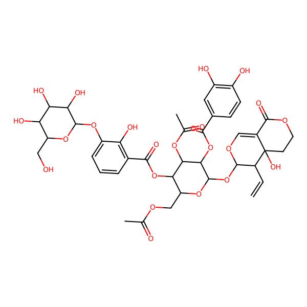 2D Structure of [(2S,3S,4R,5S,6R)-4-acetyloxy-2-(acetyloxymethyl)-6-[[(3S,4S,4aS)-4-ethenyl-4a-hydroxy-8-oxo-3,4,5,6-tetrahydropyrano[3,4-c]pyran-3-yl]oxy]-5-(3,4-dihydroxybenzoyl)oxyoxan-3-yl] 2-hydroxy-3-[(2R,3S,4R,5R,6S)-3,4,5-trihydroxy-6-(hydroxymethyl)oxan-2-yl]oxybenzoate