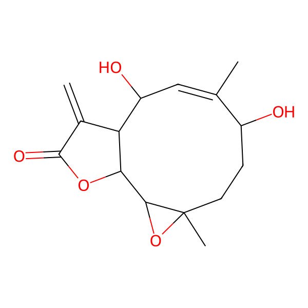 2D Structure of (1S,2S,4R,7S,8E,10S,11S)-7,10-dihydroxy-4,8-dimethyl-12-methylidene-3,14-dioxatricyclo[9.3.0.02,4]tetradec-8-en-13-one