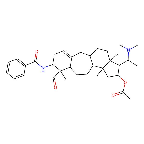 2D Structure of [(1R,6S,7R,8R,11R,12S,14R,15S,16R)-6-benzamido-15-[(1S)-1-(dimethylamino)ethyl]-7-formyl-7,12,16-trimethyl-14-tetracyclo[9.7.0.03,8.012,16]octadec-3-enyl] acetate