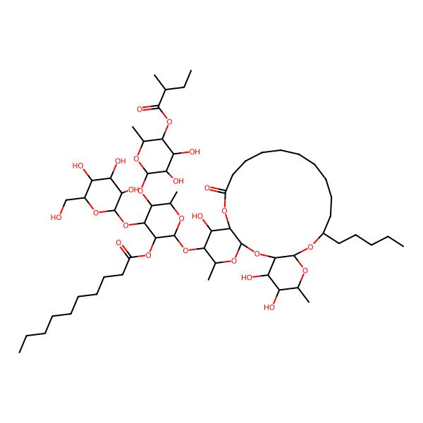 2D Structure of [5-[3,4-Dihydroxy-6-methyl-5-(2-methylbutanoyloxy)oxan-2-yl]oxy-6-methyl-2-[(7,25,26-trihydroxy-5,24-dimethyl-10-oxo-20-pentyl-2,4,9,21,23-pentaoxatricyclo[20.4.0.03,8]hexacosan-6-yl)oxy]-4-[3,4,5-trihydroxy-6-(hydroxymethyl)oxan-2-yl]oxyoxan-3-yl] decanoate