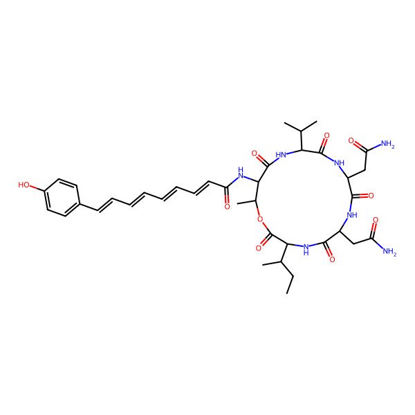 2D Structure of N-[6,9-bis(2-amino-2-oxoethyl)-3-butan-2-yl-16-methyl-2,5,8,11,14-pentaoxo-12-propan-2-yl-1-oxa-4,7,10,13-tetrazacyclohexadec-15-yl]-9-(4-hydroxyphenyl)nona-2,4,6,8-tetraenamide