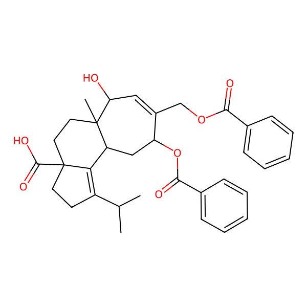 2D Structure of (3aS,5aR,6S,9S,10aS)-9-benzoyloxy-8-(benzoyloxymethyl)-6-hydroxy-5a-methyl-1-propan-2-yl-2,3,4,5,6,9,10,10a-octahydrocyclohepta[g]indene-3a-carboxylic acid