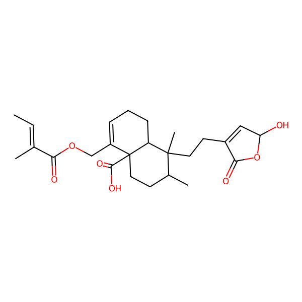 2D Structure of (4aS,7R,8R,8aS)-8-[2-[(2S)-2-hydroxy-5-oxo-2H-furan-4-yl]ethyl]-7,8-dimethyl-4-[[(Z)-2-methylbut-2-enoyl]oxymethyl]-1,2,5,6,7,8a-hexahydronaphthalene-4a-carboxylic acid