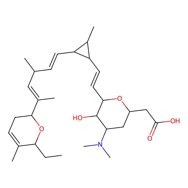 2D Structure of 2-[4-(dimethylamino)-6-[2-[2-[5-(6-ethyl-5-methyl-3,6-dihydro-2H-pyran-2-yl)-3-methylhexa-1,4-dienyl]-3-methylcyclopropyl]ethenyl]-5-hydroxyoxan-2-yl]acetic acid