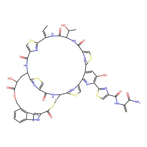 2D Structure of N-(3-amino-3-oxoprop-1-en-2-yl)-2-[(1S,18S,21Z,28S,30S)-21-ethylidene-9,30-dihydroxy-18-[(1S)-1-hydroxyethyl]-40-methyl-16,19,26,31,42,46-hexaoxo-32-oxa-3,13,23,43,49-pentathia-7,17,20,27,45,51,52,53,54,55-decazanonacyclo[26.16.6.12,5.112,15.122,25.138,41.147,50.06,11.034,39]pentapentaconta-2(55),4,6,8,10,12(54),14,22(53),24,34(39),35,37,40,47,50-pentadecaen-8-yl]-1,3-thiazole-4-carboxamide
