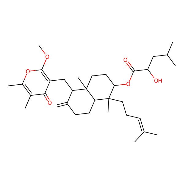 2D Structure of [(1S,2S,4aR,5R,8aR)-5-[(2-methoxy-5,6-dimethyl-4-oxopyran-3-yl)methyl]-1,4a-dimethyl-6-methylidene-1-(4-methylpent-3-enyl)-3,4,5,7,8,8a-hexahydro-2H-naphthalen-2-yl] (2R)-2-hydroxy-4-methylpentanoate