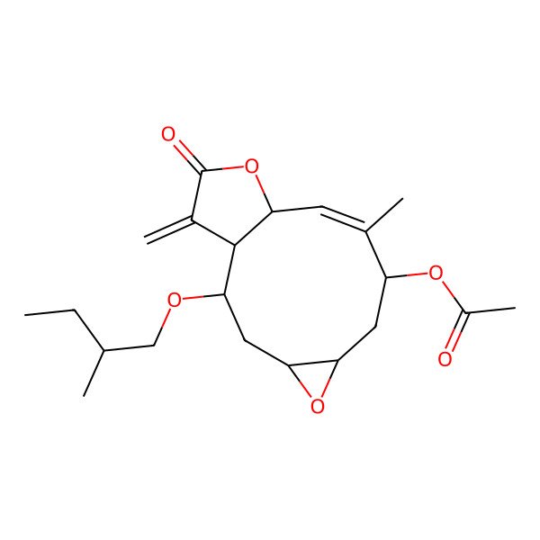 2D Structure of [9-Methyl-2-(2-methylbutoxy)-14-methylidene-13-oxo-5,12-dioxatricyclo[9.3.0.04,6]tetradec-9-en-8-yl] acetate