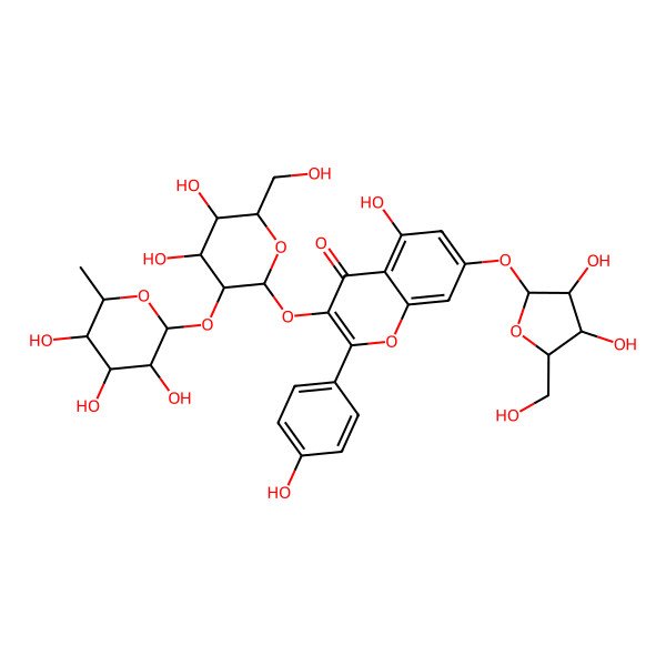 2D Structure of 7-[(2S,3R,4R,5S)-3,4-dihydroxy-5-(hydroxymethyl)oxolan-2-yl]oxy-3-[(2S,3R,4S,5R,6R)-4,5-dihydroxy-6-(hydroxymethyl)-3-[(2S,3R,4R,5R,6S)-3,4,5-trihydroxy-6-methyloxan-2-yl]oxyoxan-2-yl]oxy-5-hydroxy-2-(4-hydroxyphenyl)chromen-4-one