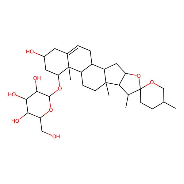 2D Structure of (2R,3R,4S,5R,6R)-2-(hydroxymethyl)-6-[(1S,2S,4S,6R,7S,8R,9S,12S,13R,14R,16R)-16-hydroxy-5',7,9,13-tetramethylspiro[5-oxapentacyclo[10.8.0.02,9.04,8.013,18]icos-18-ene-6,2'-oxane]-14-yl]oxyoxane-3,4,5-triol
