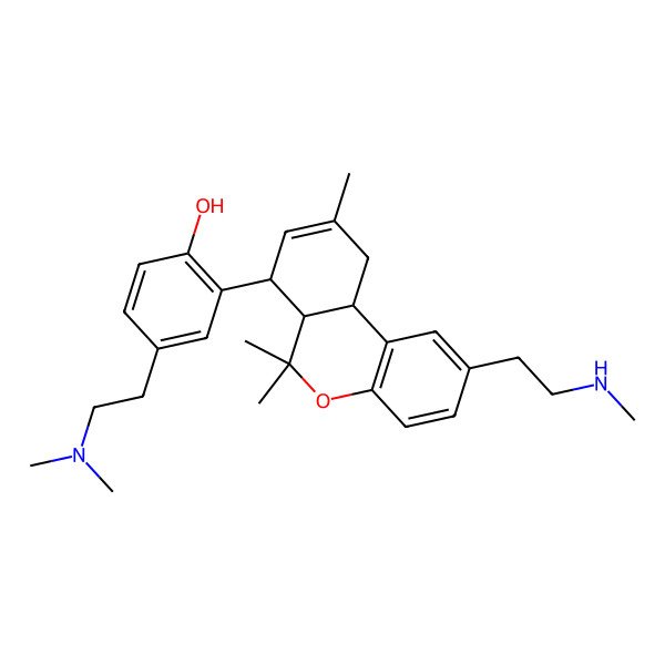 2D Structure of 4-[2-(Dimethylamino)ethyl]-2-[6,6,9-trimethyl-2-[2-(methylamino)ethyl]-6a,7,10,10a-tetrahydrobenzo[c]chromen-7-yl]phenol