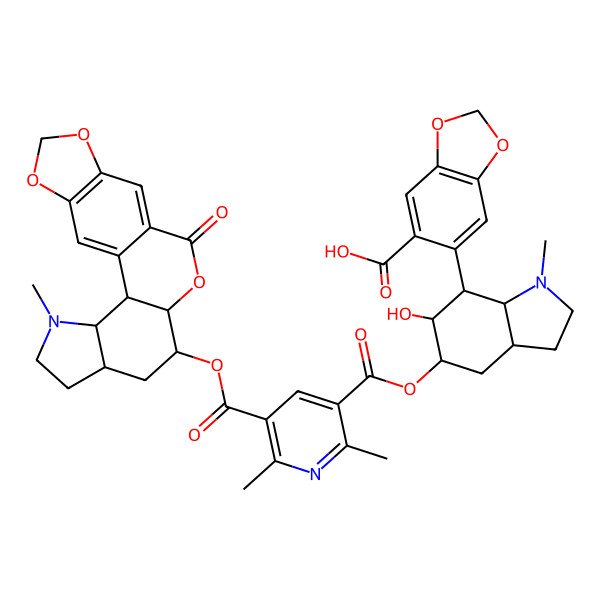 2D Structure of 6-[(3aR,5S,6S,7R,7aS)-5-[2,6-dimethyl-5-[[(2R,3S,7S,9R,10S)-4-methyl-12-oxo-11,16,18-trioxa-4-azapentacyclo[11.7.0.02,10.03,7.015,19]icosa-1(20),13,15(19)-trien-9-yl]oxycarbonyl]pyridine-3-carbonyl]oxy-6-hydroxy-1-methyl-2,3,3a,4,5,6,7,7a-octahydroindol-7-yl]-1,3-benzodioxole-5-carboxylic acid