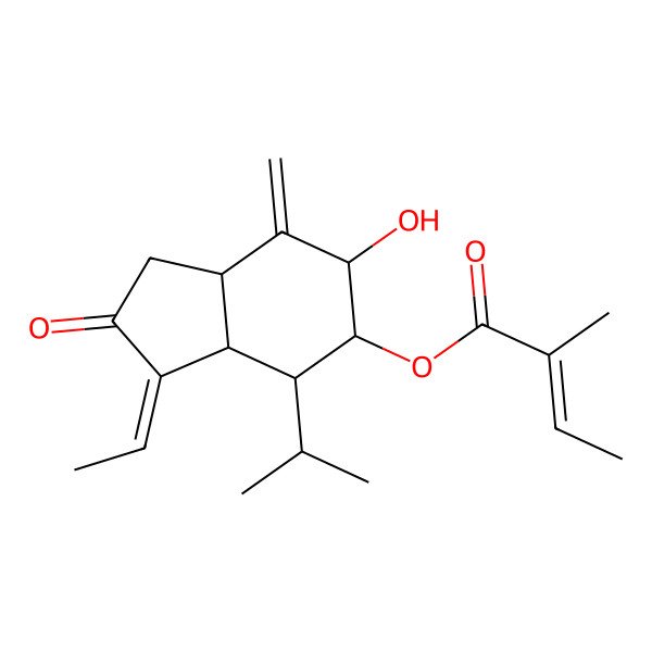 2D Structure of (3-Ethylidene-6-hydroxy-7-methylidene-2-oxo-4-propan-2-yl-1,3a,4,5,6,7a-hexahydroinden-5-yl) 2-methylbut-2-enoate
