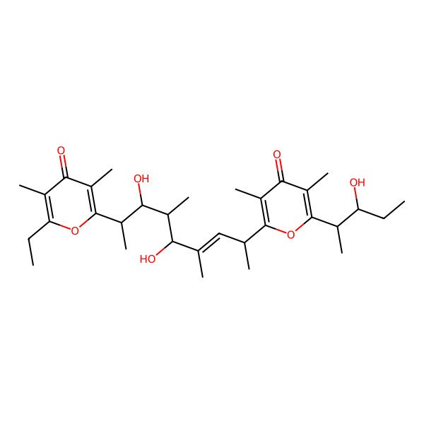 2D Structure of 2-[(E,2R,3R,4R,5R,8S)-3,5-dihydroxy-8-[6-[(2S,3S)-3-hydroxypentan-2-yl]-3,5-dimethyl-4-oxopyran-2-yl]-4,6-dimethylnon-6-en-2-yl]-6-ethyl-3,5-dimethylpyran-4-one