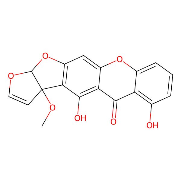 2D Structure of 2,18-Dihydroxy-4-methoxy-7,9,13-trioxapentacyclo[10.8.0.03,10.04,8.014,19]icosa-1,3(10),5,11,14,16,18-heptaen-20-one
