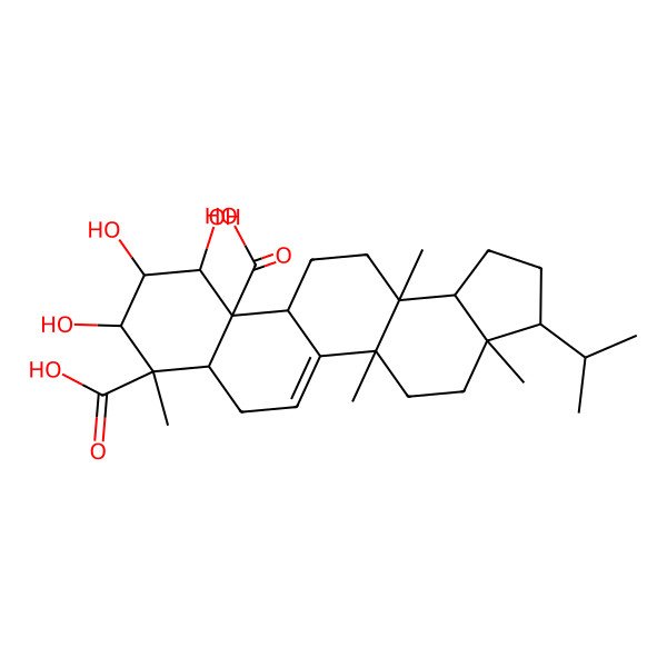 2D Structure of 9,10,11-Trihydroxy-3a,5a,8,13a-tetramethyl-3-propan-2-yl-1,2,3,4,5,7,7a,9,10,11,11b,12,13,13b-tetradecahydrocyclopenta[a]chrysene-8,11a-dicarboxylic acid