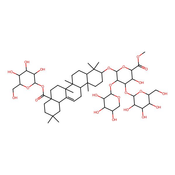 2D Structure of methyl (2S,3S,4S,5R,6R)-6-[[(3S,4aR,6aR,6bS,8aS,12aS,14aR,14bR)-4,4,6a,6b,11,11,14b-heptamethyl-8a-[(2S,3R,4S,5S,6R)-3,4,5-trihydroxy-6-(hydroxymethyl)oxan-2-yl]oxycarbonyl-1,2,3,4a,5,6,7,8,9,10,12,12a,14,14a-tetradecahydropicen-3-yl]oxy]-3-hydroxy-4-[(2S,3R,4S,5R,6R)-3,4,5-trihydroxy-6-(hydroxymethyl)oxan-2-yl]oxy-5-[(2S,3R,4S,5R)-3,4,5-trihydroxyoxan-2-yl]oxyoxane-2-carboxylate