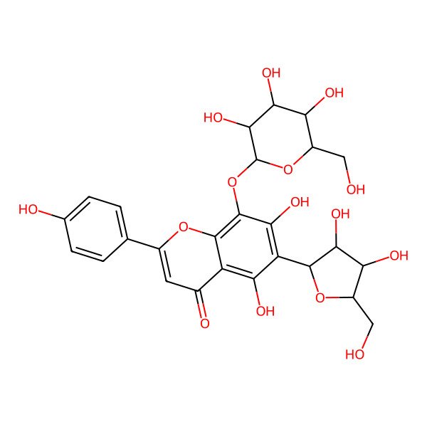 2D Structure of 6-[(2S,3S,4S,5R)-3,4-dihydroxy-5-(hydroxymethyl)oxolan-2-yl]-5,7-dihydroxy-2-(4-hydroxyphenyl)-8-[(2S,3R,4S,5R,6R)-3,4,5-trihydroxy-6-(hydroxymethyl)oxan-2-yl]oxychromen-4-one