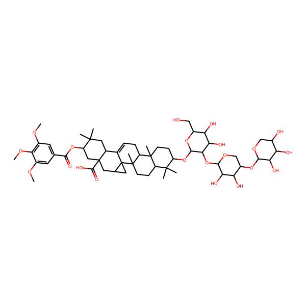 2D Structure of (1S,2R,5R,7S,10R,11R,15S,18S,20R,22R)-7-[(2R,3R,4S,5S,6R)-3-[(2S,3R,4R,5R)-3,4-dihydroxy-5-[(2S,3R,4S,5R)-3,4,5-trihydroxyoxan-2-yl]oxyoxan-2-yl]oxy-4,5-dihydroxy-6-(hydroxymethyl)oxan-2-yl]oxy-2,6,6,10,17,17-hexamethyl-18-(3,4,5-trimethoxybenzoyl)oxyhexacyclo[12.9.0.01,22.02,11.05,10.015,20]tricos-13-ene-20-carboxylic acid