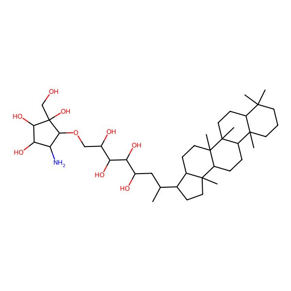 2D Structure of 7-(5a,5b,8,8,11a,13b-Hexamethyl-1,2,3,3a,4,5,6,7,7a,9,10,11,11b,12,13,13a-hexadecahydrocyclopenta[a]chrysen-3-yl)-1-[5-amino-2,3,4-trihydroxy-2-(hydroxymethyl)cyclopentyl]oxyoctane-2,3,4,5-tetrol