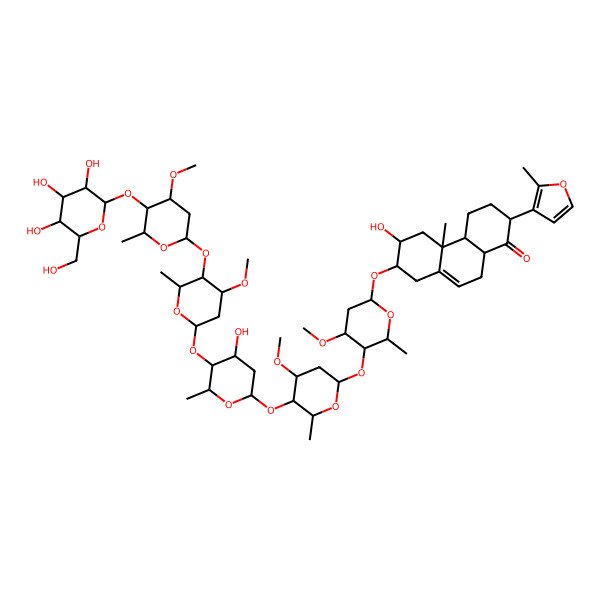 2D Structure of 6-Hydroxy-7-[5-[5-[4-hydroxy-5-[4-methoxy-5-[4-methoxy-6-methyl-5-[3,4,5-trihydroxy-6-(hydroxymethyl)oxan-2-yl]oxyoxan-2-yl]oxy-6-methyloxan-2-yl]oxy-6-methyloxan-2-yl]oxy-4-methoxy-6-methyloxan-2-yl]oxy-4-methoxy-6-methyloxan-2-yl]oxy-4b-methyl-2-(2-methylfuran-3-yl)-2,3,4,4a,5,6,7,8,10,10a-decahydrophenanthren-1-one