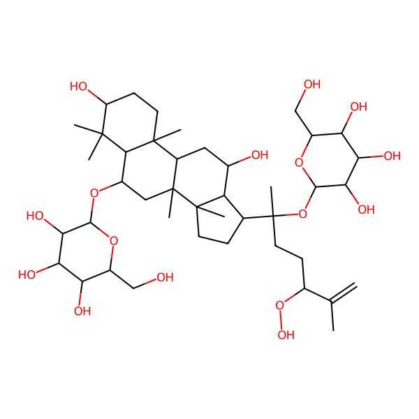 2D Structure of 2-[[17-[5-hydroperoxy-6-methyl-2-[3,4,5-trihydroxy-6-(hydroxymethyl)oxan-2-yl]oxyhept-6-en-2-yl]-3,12-dihydroxy-4,4,8,10,14-pentamethyl-2,3,5,6,7,9,11,12,13,15,16,17-dodecahydro-1H-cyclopenta[a]phenanthren-6-yl]oxy]-6-(hydroxymethyl)oxane-3,4,5-triol